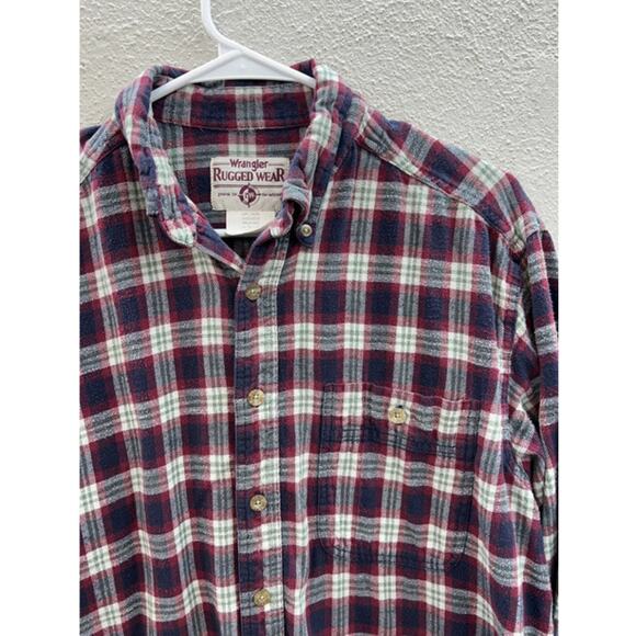 Mens Wrangler Flannel Shirt Large Rugged Wear Red Plaid Long Sleeve Button Up - Picture 2 of 8